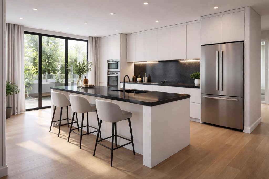 découvrez comment aménager une cuisine ouverte moderne élégante en choisissant des plans de travail en corian ou granit noir, alliant design contemporain et fonctionnalité.