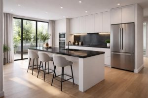 découvrez comment aménager une cuisine ouverte moderne élégante en choisissant des plans de travail en corian ou granit noir, alliant design contemporain et fonctionnalité.