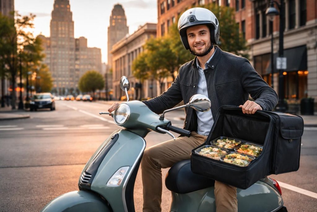 profitez d'une livraison rapide et écologique de repas gastronomiques dans buffalo avec nos scooters électriques vespa et piaggio. savourez la qualité et la fraîcheur directement chez vous.